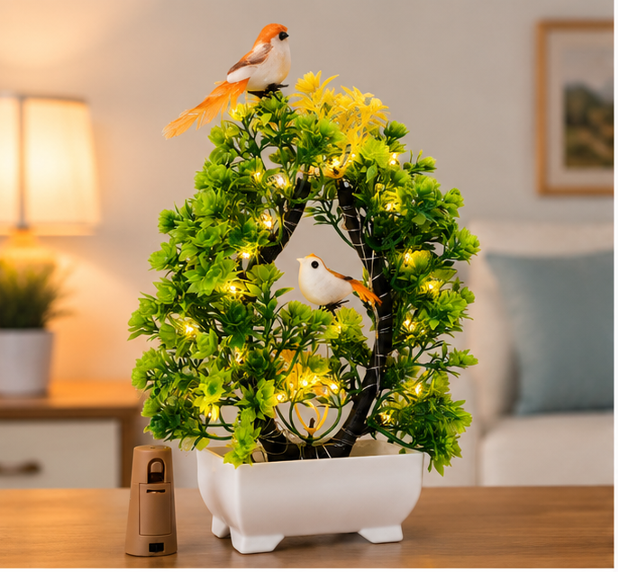 Artificial Bonsai Tree with LED Lights & Sparrow | Premium Tabletop Home Décor | Living Room, Office & Diwali Gift