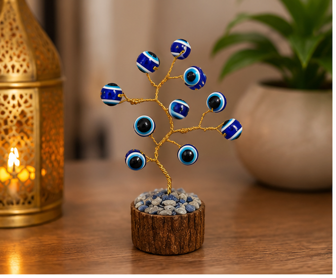 Handcrafted Evil Eye Tree with 12 Blue Beads | Lucky Feng Shui Desk Décor | Protection, Prosperity & Positive Energy Showpiece