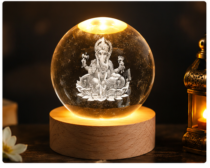 3D Ganesha Crystal Ball LED Night Lamp with Wooden Base | USB Powered Crystal Globe Light | Spiritual Home Decor | Bedside Table Lamp | Gift for Home, Office & Festivals