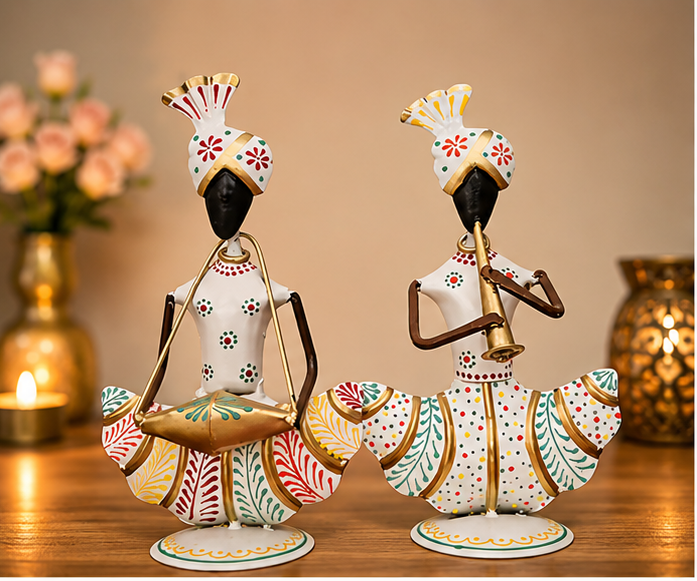 White Iron Musician Couple Showpiece