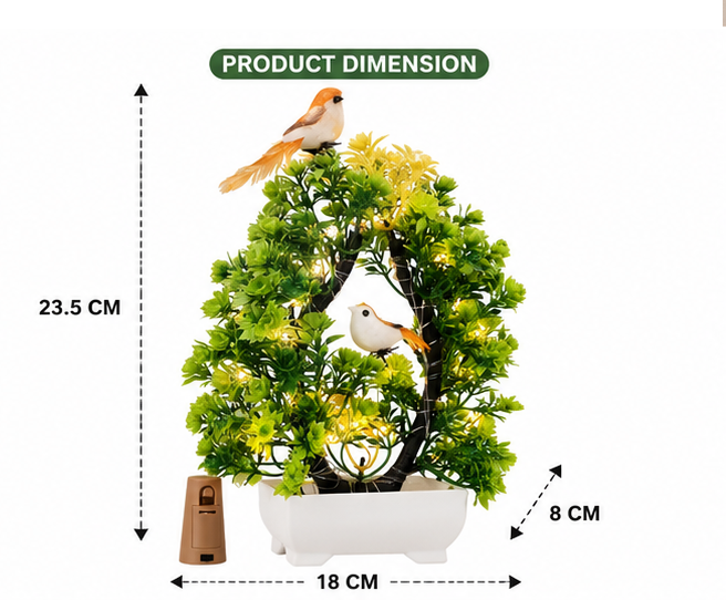 Artificial Bonsai Tree with LED Lights & Sparrow | Premium Tabletop Home Décor | Living Room, Office & Diwali Gift