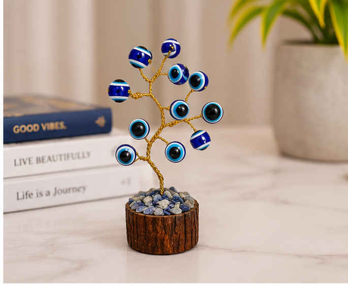 Handcrafted Evil Eye Tree with 12 Blue Beads | Lucky Feng Shui Desk Décor | Protection, Prosperity & Positive Energy Showpiece