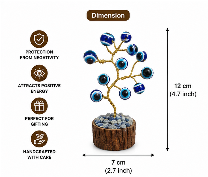 Handcrafted Evil Eye Tree with 12 Blue Beads | Lucky Feng Shui Desk Décor | Protection, Prosperity & Positive Energy Showpiece