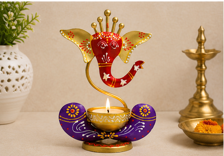 Handcrafted Metal Ganesha Tea Light Holder | Decorative Iron Diya Stand | Spiritual Home Décor & Festive Gift
