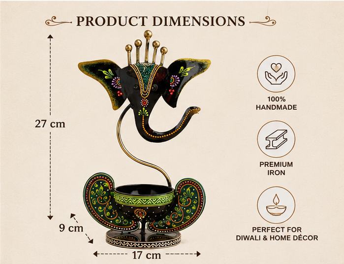 Shubh Labh Ganesha Diya Stand | Handmade Iron Wall Décor with Tealight Holder | Auspicious Home Entrance & Pooja Decoration