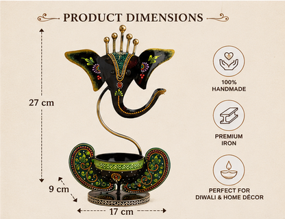 Shubh Labh Ganesha Diya Stand | Handmade Iron Wall Décor with Tealight Holder | Auspicious Home Entrance & Pooja Decoration