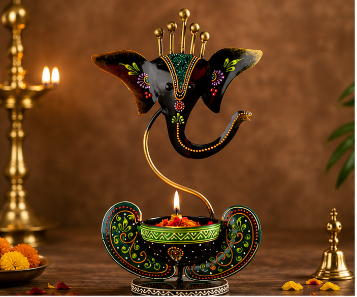 Shubh Labh Ganesha Diya Stand | Handmade Iron Wall Décor with Tealight Holder | Auspicious Home Entrance & Pooja Decoration