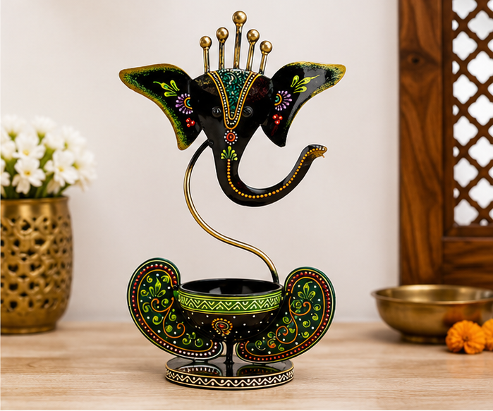 Shubh Labh Ganesha Diya Stand | Handmade Iron Wall Décor with Tealight Holder | Auspicious Home Entrance & Pooja Decoration