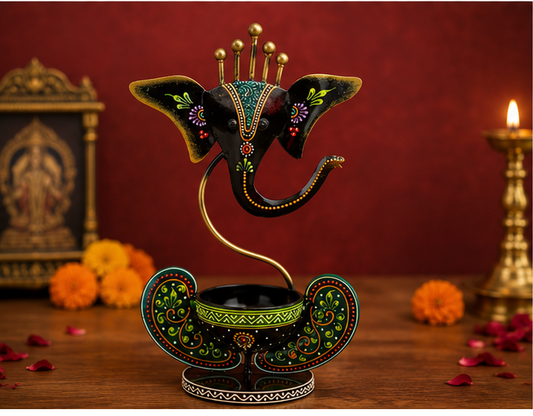 Shubh Labh Ganesha Diya Stand | Handmade Iron Wall Décor with Tealight Holder | Auspicious Home Entrance & Pooja Decoration
