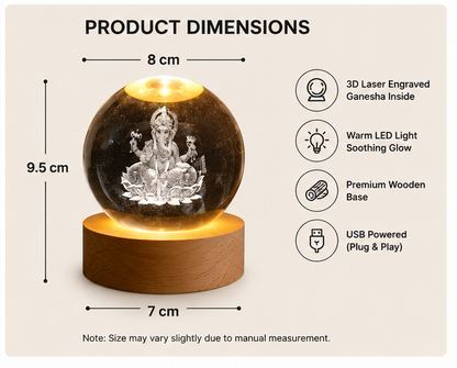 3D Ganesha Crystal Ball LED Night Lamp with Wooden Base | USB Powered Crystal Globe Light | Spiritual Home Decor | Bedside Table Lamp | Gift for Home, Office & Festivals