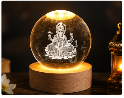 3D Ganesha Crystal Ball LED Night Lamp with Wooden Base | USB Powered Crystal Globe Light | Spiritual Home Decor | Bedside Table Lamp | Gift for Home, Office & Festivals