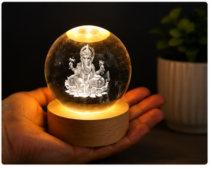 3D Ganesha Crystal Ball LED Night Lamp with Wooden Base | USB Powered Crystal Globe Light | Spiritual Home Decor | Bedside Table Lamp | Gift for Home, Office & Festivals
