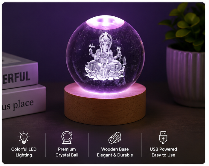 3D Ganesha Crystal Ball LED Night Lamp with Wooden Base | USB Powered Crystal Globe Light | Spiritual Home Decor | Bedside Table Lamp | Gift for Home, Office & Festivals