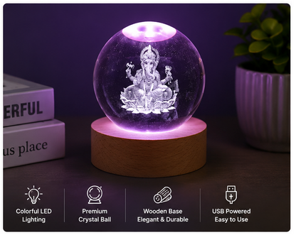 3D Ganesha Crystal Ball LED Night Lamp with Wooden Base | USB Powered Crystal Globe Light | Spiritual Home Decor | Bedside Table Lamp | Gift for Home, Office & Festivals