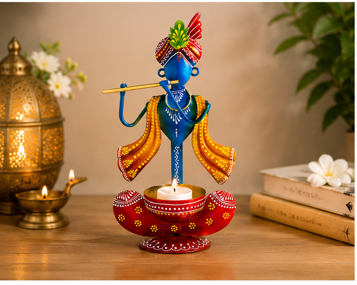 Divine Metal Krishna Tea Light Candle Holder | Elegant Home Décor Showpiece
