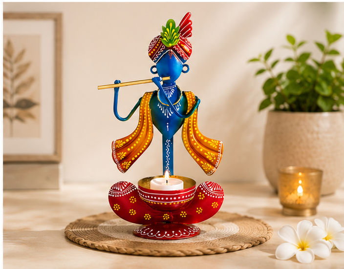 Divine Metal Krishna Tea Light Candle Holder | Elegant Home Décor Showpiece