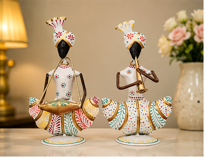 Handcrafted White Iron Musician Couple Showpiece | Elegant Home Décor | Vastu & Housewarming Gift