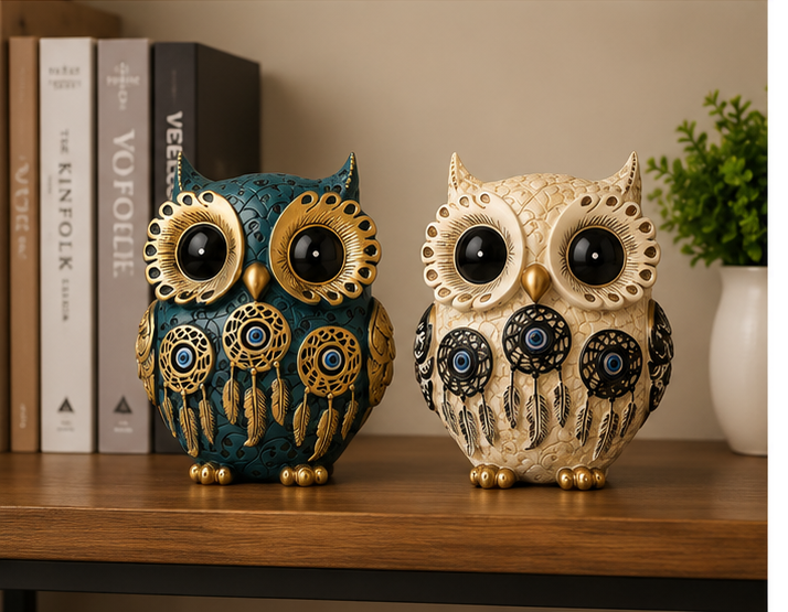Set of 2 Owl Showpieces with Evil Eye Charm | Blue & Cream Ceramic Owl Figurines | Lucky Home & Office Décor Gift