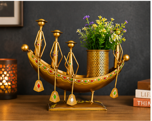 Handcrafted Golden Boat Shape Metal Pen & Pencil Holder | Decorative Desk Organizer | Antique Tabletop Showpiece & Flower Pot