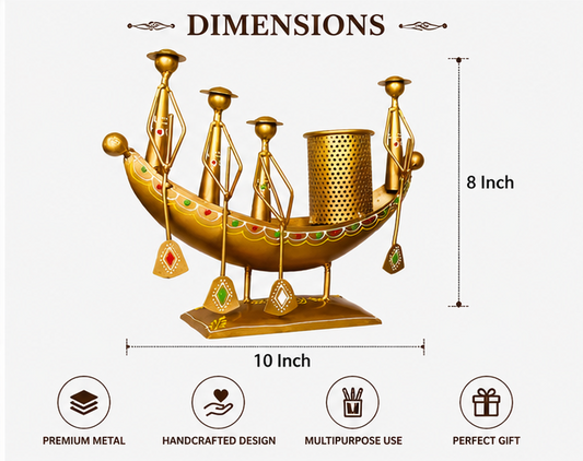 Handcrafted Golden Boat Shape Metal Pen & Pencil Holder | Decorative Desk Organizer | Antique Tabletop Showpiece & Flower Pot
