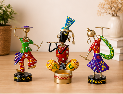 Handcrafted Metal Tribal Musician Showpiece with Diya Combo (Set of 3) | Ethnic Table Décor | Festive Home & Pooja Decoration