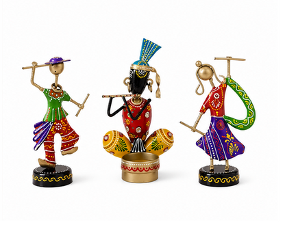 Handcrafted Metal Tribal Musician Showpiece with Diya Combo (Set of 3) | Ethnic Table Décor | Festive Home & Pooja Decoration
