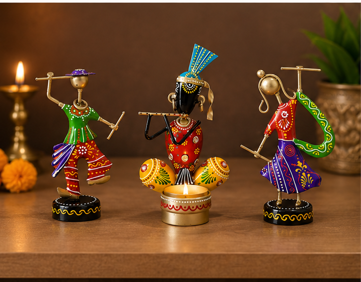 Handcrafted Metal Tribal Musician Showpiece with Diya Combo (Set of 3) | Ethnic Table Décor | Festive Home & Pooja Decoration
