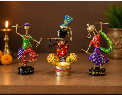 Handcrafted Metal Tribal Musician Showpiece with Diya Combo (Set of 3) | Ethnic Table Décor | Festive Home & Pooja Decoration