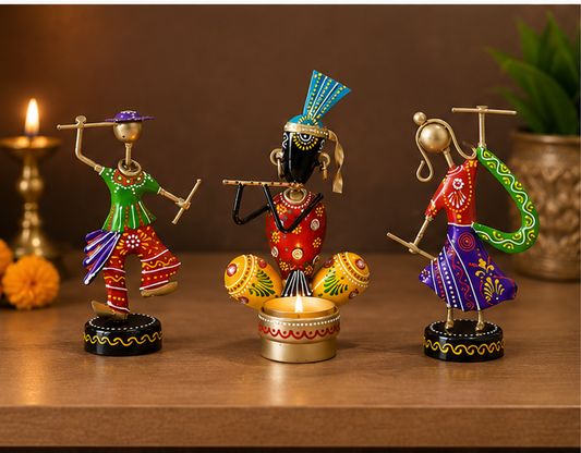 Handcrafted Metal Tribal Musician Showpiece with Diya Combo (Set of 3) | Ethnic Table Décor | Festive Home & Pooja Decoration