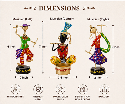 Handcrafted Metal Tribal Musician Showpiece with Diya Combo (Set of 3) | Ethnic Table Décor | Festive Home & Pooja Decoration